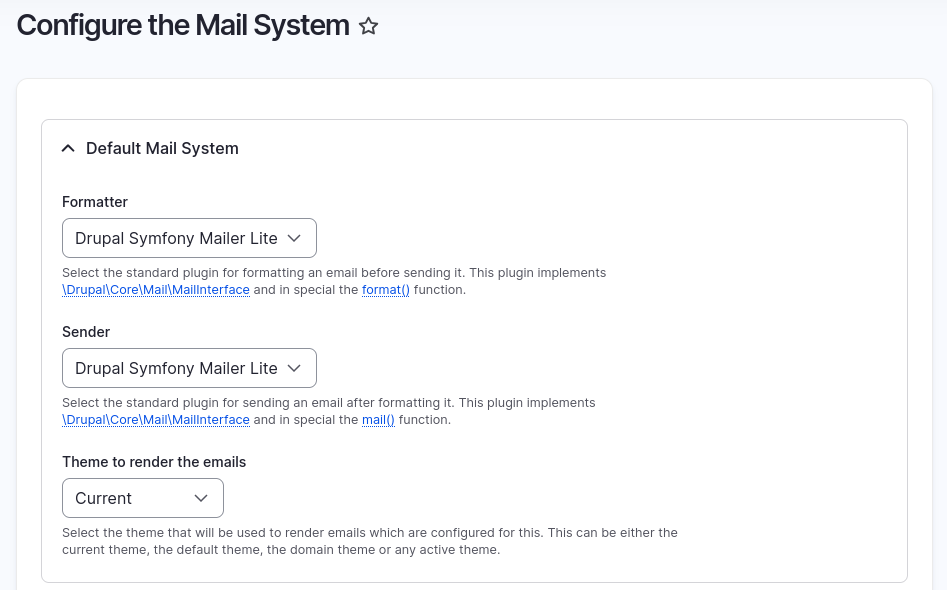 Mail System configuration page