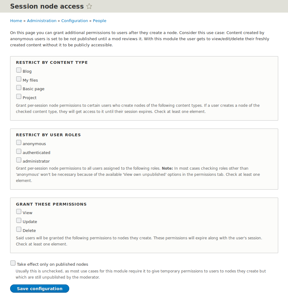 Session Node Access configuration screen